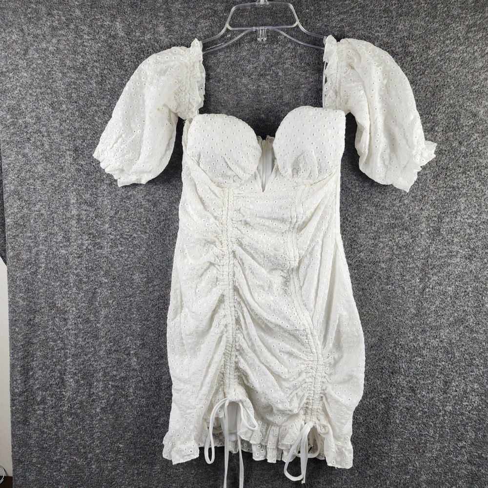 Fashion Nova Mini Dress Womens S 75164 White Eyelet Ruched Puff Sleeve EUC